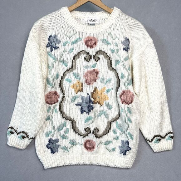 VTG 90s Mervyns Country Sweater Chunky Wool Floral Soft Girl Cottage Core Sz L - Picture 1 of 6